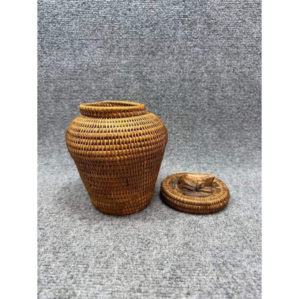 Vintage Rattan Wicker Lidded Jar Basket Made in Indonesia